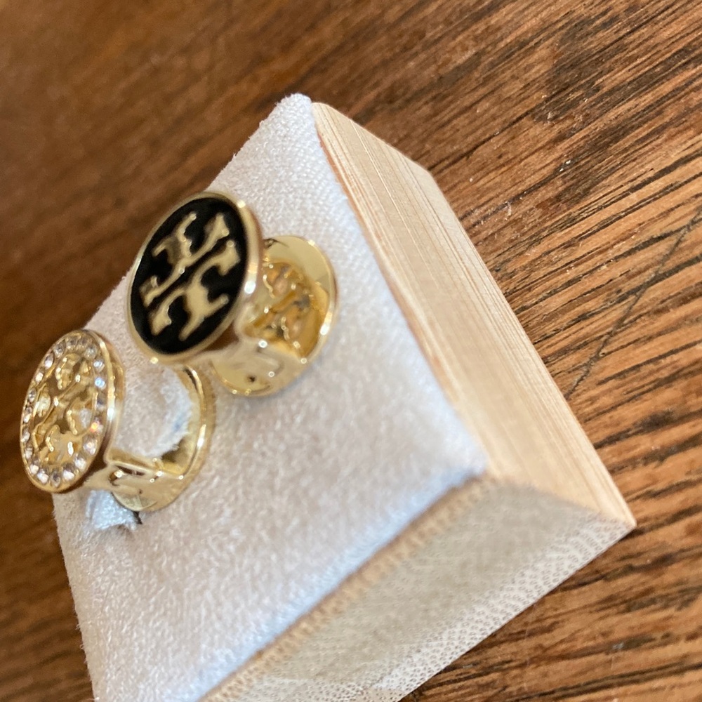 Tory Burch Reversible Black Enamel/Gold Tone w/Crystals Earrings NWOT - Picture 6 of 7